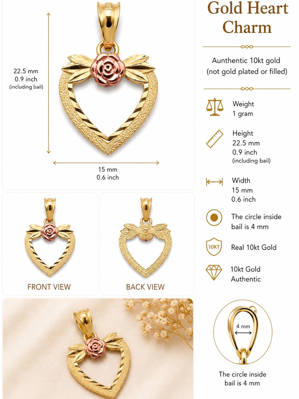 10kt Gold Heart Rose Charm Pendant - Two-Tone Gold